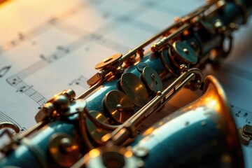 Obraz premium Close-up of a saxophone, jazz notes on sheet music , light, jazz, notes
