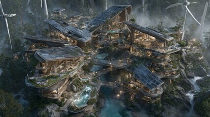Fototapeta premium The concept of a sustainable eco-village signifies the future of green living through the use of solar and wind power