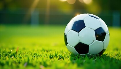 Fototapeta premium Close-up of a soccer ball on a green field, ready for a kick , fitness, skill, athletic