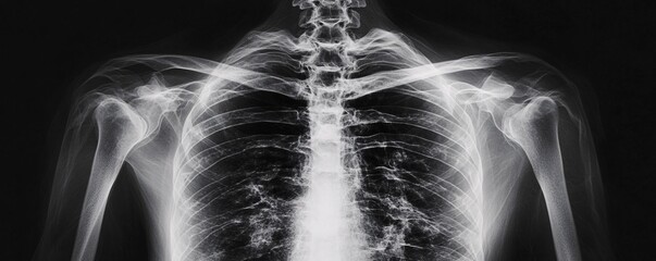 Detailed x-ray image highlighting the skeletal structure of a healthy human chest and shoulders