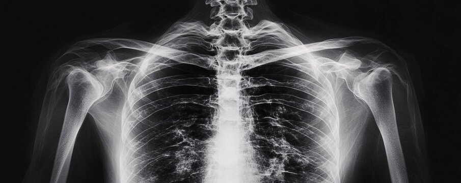 Detailed x-ray image highlighting the skeletal structure of a healthy human chest and shoulders
