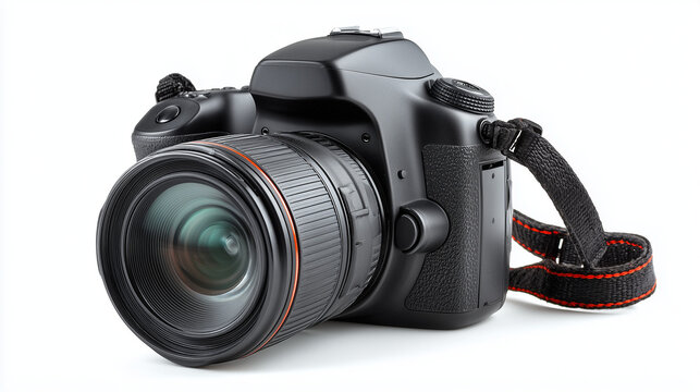A crisp image of a black DSLR camera with lens and strap, angled slightly, isolated on a white background. 