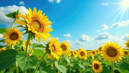 Vibrant sunflowers reaching for a vast, blue sky , wildflowers, field