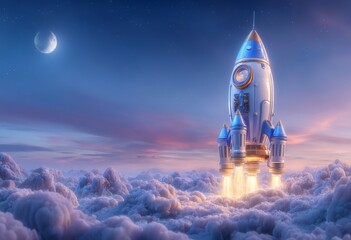 Naklejka premium A colorful nebula and a distant planet serve as the backdrop for a vibrant retro-style rocket as it soars through space surrounded by swirling, luminous clouds