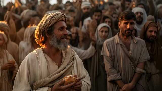 Multiplication of the loaves by Jesus Christ. Gospel story. Christian religious illustration for church publications.	