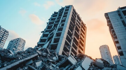 Collapsing high-rise buildings in an urban landscape