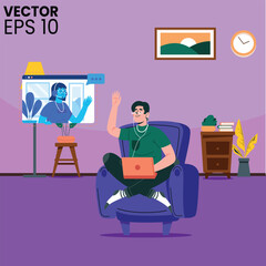 A man doing working on computer and laptop while sitting on chair.