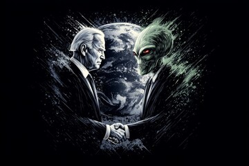 In a colorful and lively comic-style illustration, a businessman and an extraterrestrial are seen negotiating a deal, with a large planet looming behind them