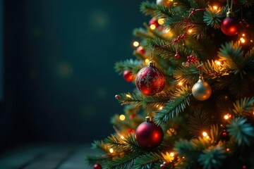 A beautifully decorated Christmas tree with ornaments and twinkling lights , fir, christmas decor, christmas lights