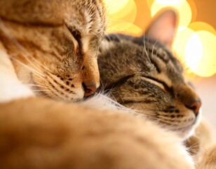 Two cats are sleeping against a background of golden glitter.