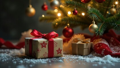 A beautifully wrapped Christmas gift sits under a decorated Christmas tree , surprise, christmas