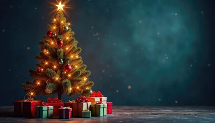 A brightly decorated Christmas tree stands tall, surrounded by gifts , bright, colorful, holiday spirit