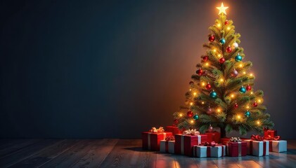 A brightly decorated Christmas tree stands tall, surrounded by gifts , holiday, festive