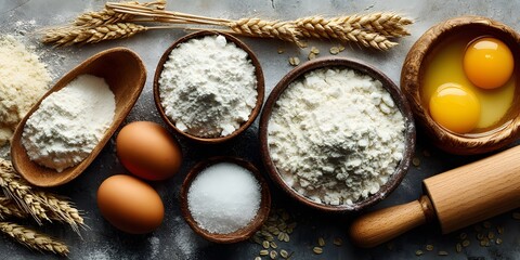 Top-down: baking ingredients like flour, eggs, yolk, wheat, rolling pin, spoons on white marble. Bright natural light. Rustic food photography.