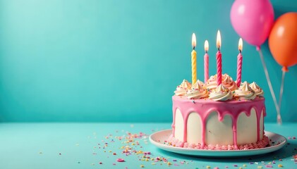 A colorful birthday cake with candles, balloons, and confetti Festive birthday celebration , colorful, celebratory, age