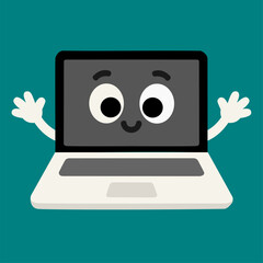 manually hand traced smiling cartoon laptop with expressive eyes and waving arms in flat style. Fun tech character for playful designs.