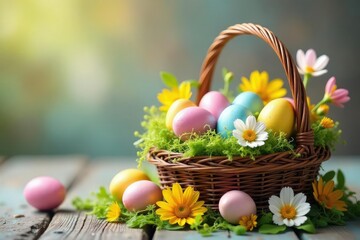 A colorful Easter egg basket overflowing with decorated eggs and spring flowers , Easter, willow branches, bright