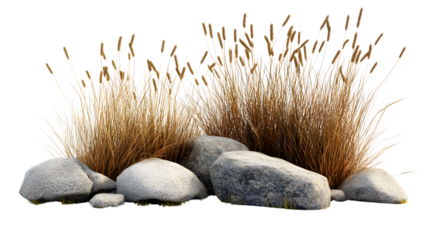 Soothing 3D Render of Brown Grasses with Rocks Isolated on Transparent Background