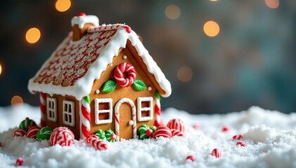 Gingerbread house with candy decorations on snowy tabletop , snow, winter wonderland