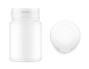 White plastic bottle container with snap-hinge cap. Vector illustration isolated on white background. Front view. Mockup perfect show your product with tamper evident push-on hinged cap. EPS10.