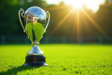 A gleaming soccer trophy sits on a lush green field, sunlight reflecting off its surface , shiny, field
