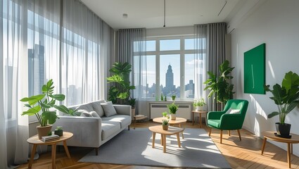 Fototapeta premium Modern Apartment Living Room with Green Accents and Indoor Plants