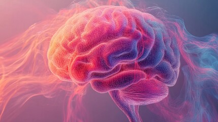 Fototapeta premium Vibrant pink and blue human brain in abstract art surrounded by colorful dynamic cloud-like formation, creating a lively and energetic composition.