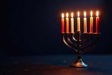 A menorah with lit candles on a dark background, celebrating Hanukkah , winter, Hanukkah, chagim