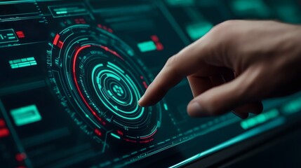 A person interacting with a futuristic digital dashboard with controls and interfaces.