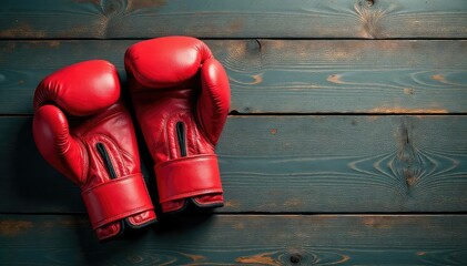 A pair of well-worn boxing gloves resting on a weathered wooden surface , fight, boxing gear, workout