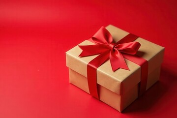Obraz premium Valentine's gift, kraft box, red backdrop, price label , top view, box