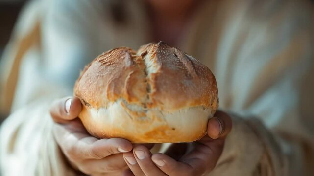 Jesus Christ holds bread. The video can be used to illustrate the gospel event, biblical times. For Christian media