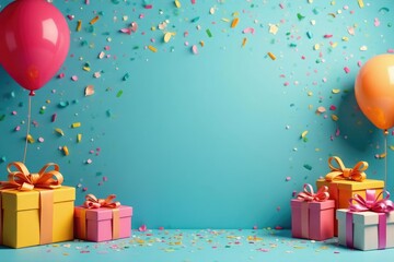 A vibrant birthday party scene with colorful balloons, streamers, and gifts , background, happy birthday