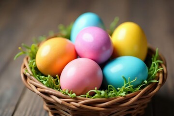 A vibrant bunch of Easter eggs in pastel colors, nestled together in a rustic basket , easter bunny, beautiful, pastel
