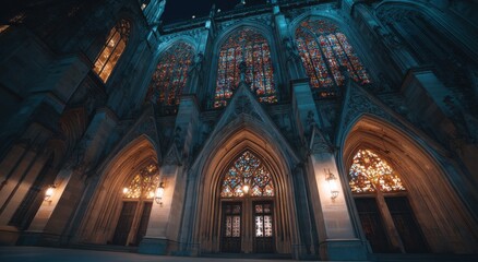 Obraz premium Majestic Cathedral Facade at Night With Stained Glass Windows, Representing Architectural Heritage and Spiritual Reflection : Generative AI