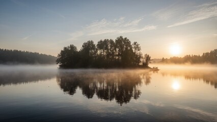 Obraz premium Lake Sunrise with Fog and Tree Island