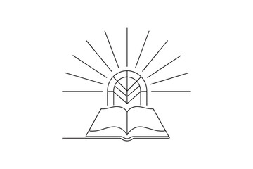 Open Bible with Stained Glass Window Patterns and Light Rays continuous one line drawing minimalism design