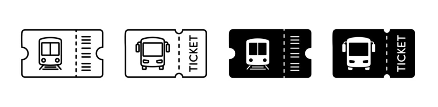 Travel tickets for bus and train icon set. Transportation tickets for public transport. Vector illustration. 