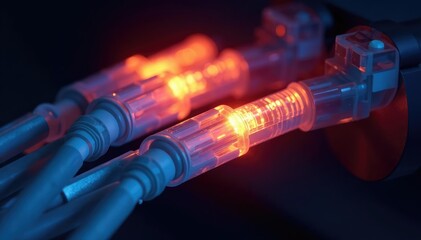 Close-up of fiber optic cables glowing brightly against a dark background, representing high-speed telecommunications , high speed internet, network cable, communication network