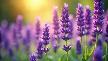 Naklejka premium Close-up of vibrant purple lavender flowers in full bloom, bathed in sunlight , lilac, detail, aromatic