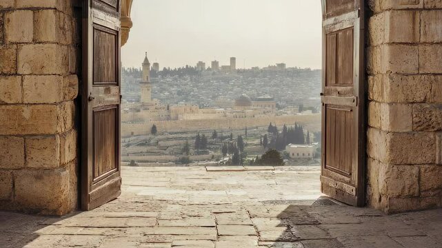 Ancient gate, arch entrance in brick wall with view of ancient city. Entrance to Jerusalem	