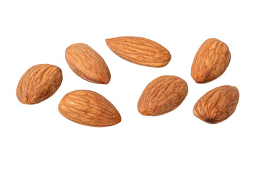 Almond nuts isolated on white.  Set of  almonds nuts. Almonds collection. Macro. Top view. Flat lay