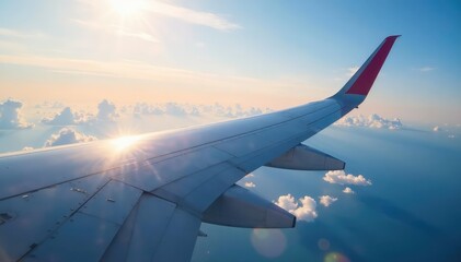 Obraz premium Close-up view of an airplane wing in flight, showcasing aerodynamic design and texture , engineering, detail, perspective