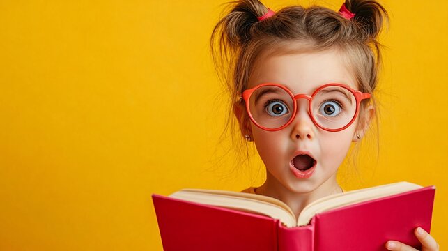 Surprised child wearing glasses reading engaging book against vibrant yellow backdrop