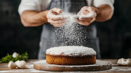 Baker dusting powdered sugar over a freshly baked cake