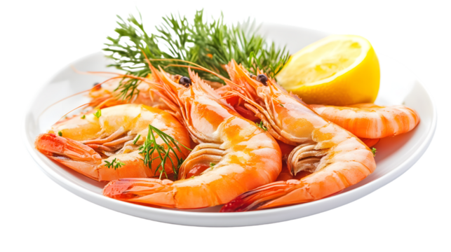 Fresh Shrimps in White Plate Isolated on Transparent Background Isolated