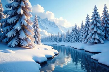 Frozen wonderland, snow-covered trees, glistening ice, winter magic , whimsical, sunlight