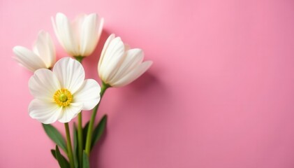 Fototapeta premium White eustoma bouquet on pink backdrop Minimalist holiday aesthetic , calm, nature, bouquet
