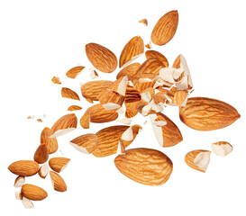 Almond nuts  levitating in air isolated on white.  Falling crushed almonds nuts. Cracked Almonds is torn to pieces explosion