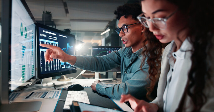 People, computer and screen for trading in office of statistics review, finance charts and stock market team. Staff, tablet and collaboration for risk analysis, financial graph and investment pattern